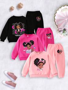 Elladie kids 6 Stücke/Set Lässige Mode für Kleine Mädchen, süßes, cooles Portrait-Muster Sweatshirt mit RundhalsausschnitJogginghoseants 3-teiliges Outfit, vielseitig für Mädchen Herbst/Winter Alltagskleidung