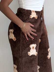 Tyla Gomez Women's Casual Cartoon Bear Pattern Drawstring Waist Teddy Fleece Long Pants, Autumn/Winter - Mocha Brown - View 4