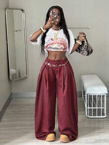 Coolane 女式夏秋酷女孩复古休闲街头装外出超大棕色弧形下摆裤条纹工装裤 - 酒紅色 - 查看 3