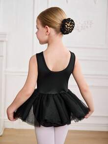 SHEIN Young Girl Solid Color Round Neck Mesh Patchwork Ruffle Hem Jumpsuit