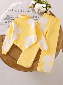 Tween Girls Cute Light Yellow 2pcs Knitted Outfit Set,Flower Pattern High-Neck Sweater&Wide-Leg Pants For Autumn,School,Back-To-School Daily Wear - Yellow - View 5