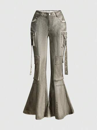 Grunge Punk Jeans a zampa con vita super bassa, stile cargo, subcultura punk da strada, per donne