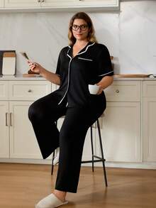 SHEIN Plus Size Front Button Contrast Trim Casual Top & Pants Loungewear Pajama Set, Outfits