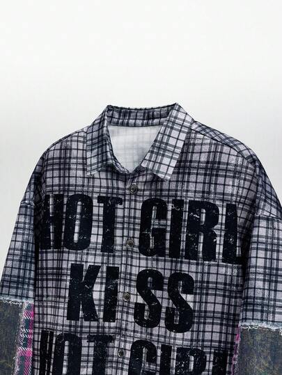 NEON BLANC Koszula męska w kontrastowym kolorze, z długim rękawem, patchworkiem i obniżonymi ramionami w kratę, zapinana z przodu na guziki