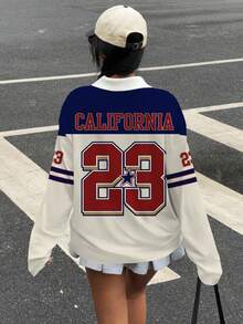 SHEIN EZwear 复古风复古运动数字 23 和字母印花拼色女式长袖 Polo 衫，适合秋冬季、复古、性感、可爱、Y2K、椰子女孩、波西米亚风、嬉皮士风格、音乐节 - 彩色 - 查看 2