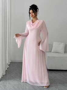 Elenzga 情人节加大码女士优雅收腰长袖连帽连衣裙，秋季时尚穿搭，情人节佳选 - 粉色 - 查看 5