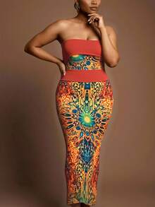 Slaydiva Plus Size 2 Pieces Set Red Sequin,Summer,Boho,Party Bohemian Colorblock Print Women's Music Festival,Western,Nashville Style,Vacation,Beach Outfit - Multicolor - View 5