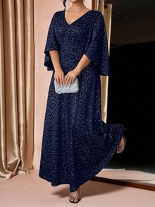 Cravure Đầm dự tiệc cổ chữ V thanh lịch, eo thắt eo cỡ lớn cho nữ - Màu xanh lam - Xem 3