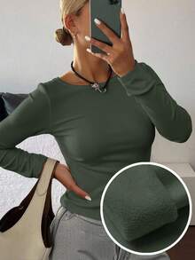 FRIFUL Women's Solid Color Thermal Lined Slim Fit Crew Neck Long Sleeve T-Shirt - Army Green - View 4