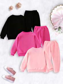 Elladie kids 6 Stücke/Set Lässige Mode für Kleine Mädchen, süßes, cooles Portrait-Muster Sweatshirt mit RundhalsausschnitJogginghoseants 3-teiliges Outfit, vielseitig für Mädchen Herbst/Winter Alltagskleidung