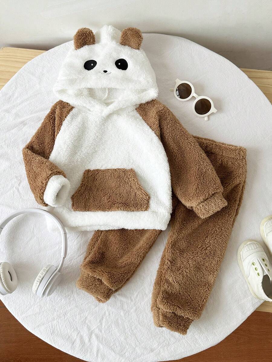 Souflis Souflis 2 件男婴熊猫毛绒连帽套装，温暖休闲熊猫连帽衫运动衫 + 毛绒裤子，秋冬 - 棕色 - 查看 1