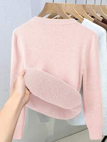 Franclia 女式修身圆领保暖长袖毛衣 - 粉色 - 查看 2