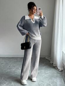 Elenzga 2pcs Women Polo Collar Patchwork Contrast Color Pullover Sweater Top + Pants Set, Autumn/Winter - Royal Blue - View 3