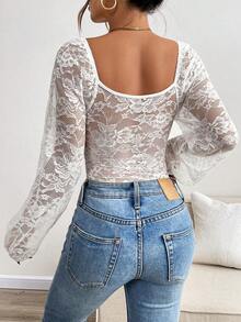 Chiquease Women's Fashionable Sexy Lace Long Sleeve Bodysuit - White - View 2