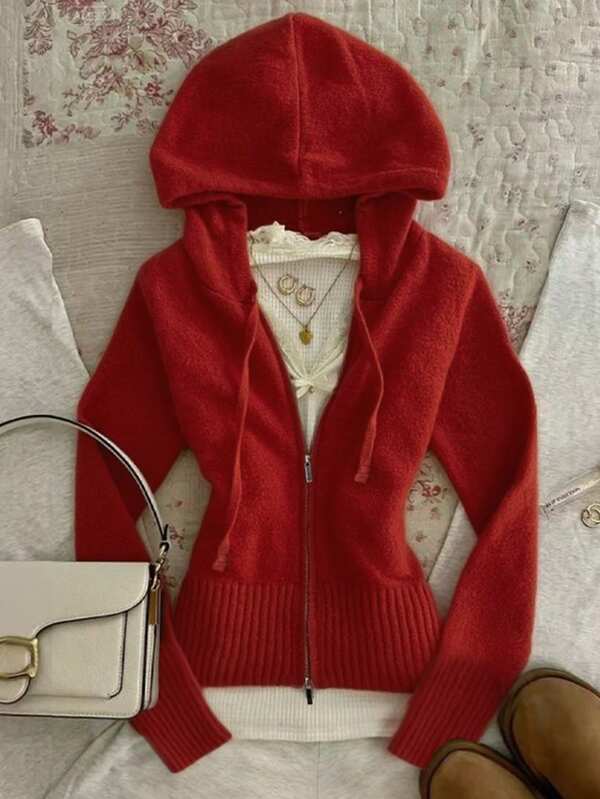 INAWLY Women's Autumn And Winter Knitted Cardigan Hoodie Sexy Slim Fashion Solid Color Sweater Y2K Harajuku Sweet Cute Hot Girl Streetwear Christmas Red Daily Casual