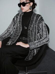 SHEIN LUNE 时尚麻花针织休闲开衫（混纺纱颜色随机），秋冬 - 彩色 - 查看 8