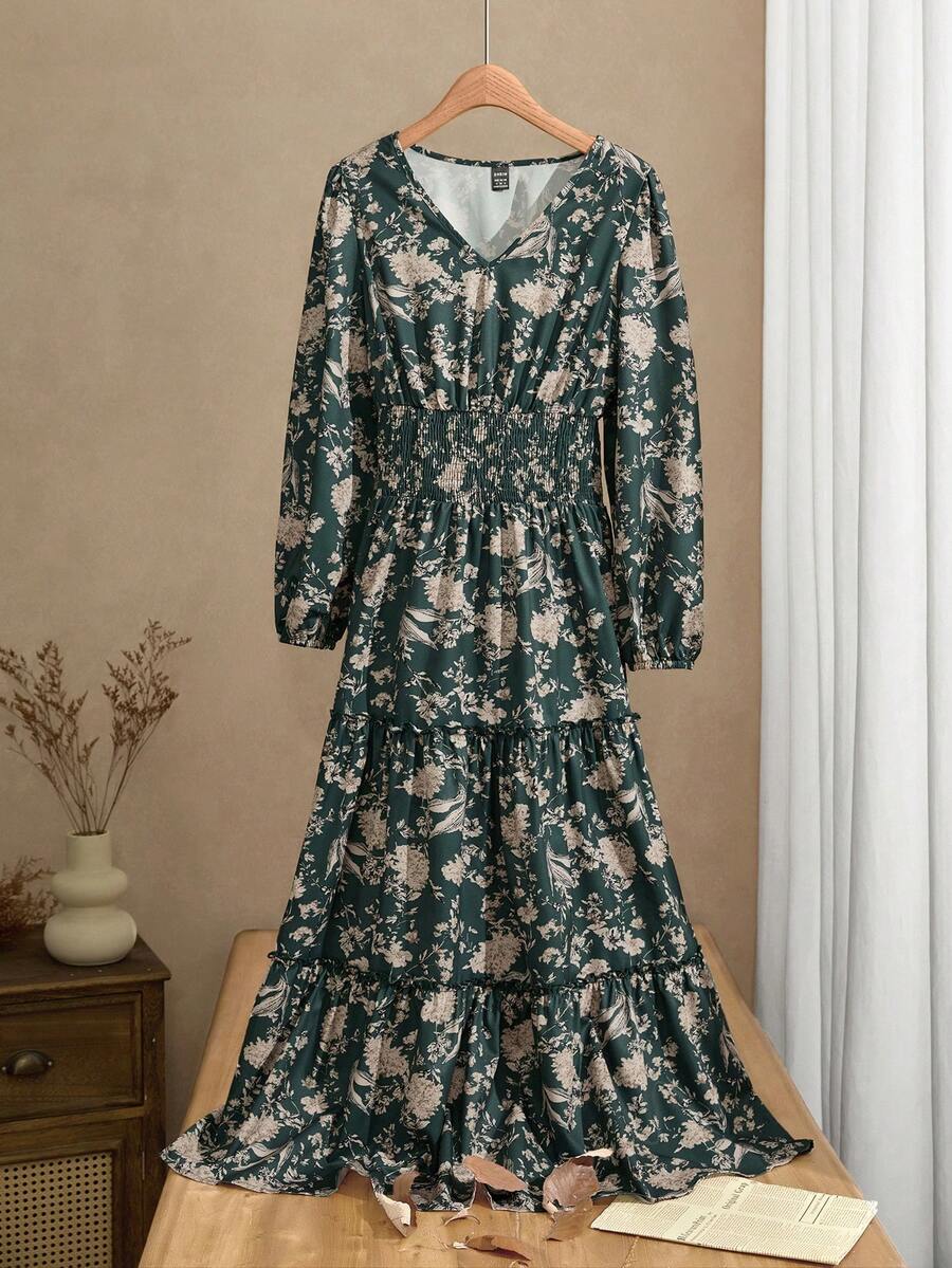 EMERY ROSE 女士花卉印花长袖连衣裙，休闲日常穿着，秋冬 - 綠色 - 查看 1