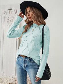 EMERY ROSE Women's Solid Color Casual Drop Shoulder Fitted Sweater, Autumn/Winter Sweater Tops - Baby Blue - View 5