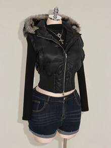 SHEIN ICON 大码拉链毛绒装饰连帽短款羽绒大衣黑色 - 白色 - 查看 10