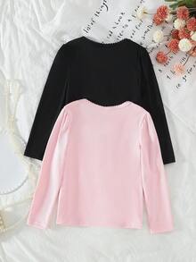 2pcs/Set Young Girls Cherry & Bow Design Layering Long Sleeve Tops, Pink & Black
