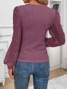 SHEIN Frenchy Women's Casual Vacation Style Sweetheart Neck Floral Lace Patchwork Long Sleeve Ruched Bust Fitted T-Shirt, Spring/Autumn Winter,Fall,Fall Clothes For Women - Lilac Purple - View 2