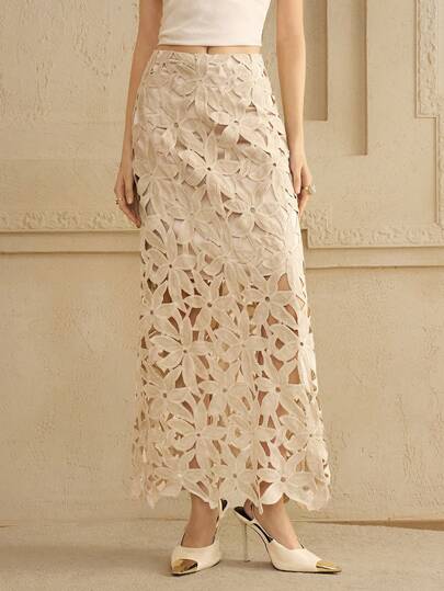 Arave 女士涤纶亮片花卉镂空 A 字裙，优雅适合日常通勤和聚会