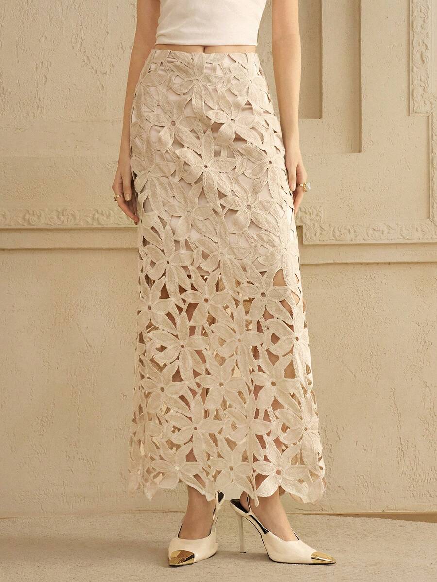 Arave Chân váy chữ A khoét lỗ họa tiết hoa bằng polyester cho nữ, thanh lịch khi đi làm hàng ngày và đi họp mặt - Màu Khaki - Xem 1