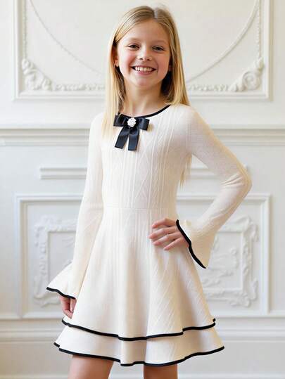 PrepCrw 1 件青少年女孩优雅都市派对拼布撞色饰边分层下摆喇叭袖连衣裙，适合休闲外出、聚会、节日、派对、秋冬、圣诞节、万圣节