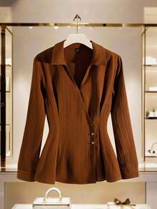 Modelyn Camisa de manga larga elegante de unicolor con cruce envolvente para oficina de talla grande - Café integral - Ver 1