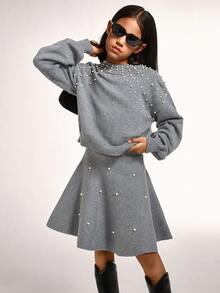 Radiana Tween Girl 休闲串珠宽松高领毛衣和优雅荷叶边下摆中裙套装，花卉灰色 - 深灰色 - 查看 5