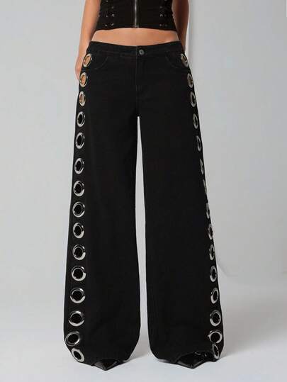 TRNVIE Jeans casuales de ajuste holgado para mujer con bolsillos grandes con ojales