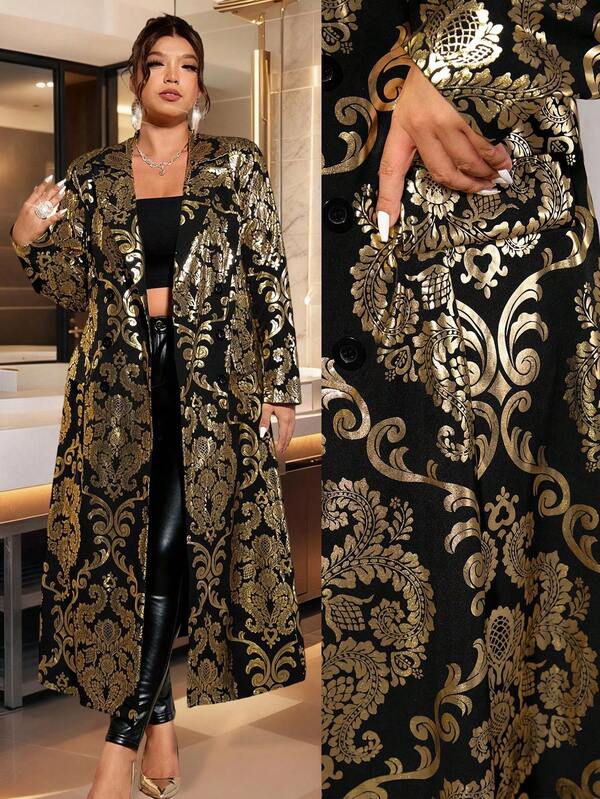 Cravure Plus Size Foil Print Turndown Collar Long Sleeve Cinched Waist A-Line Double Breasted Long Jacket, Elegant For Party, Outing, Gathering, Dinner