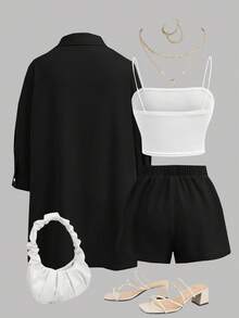 SHEIN Girlism Set da 3 pezzi per ragazze adolescenti: canotta bianca, pantaloncini casual e top con camicia - nero - Visualizzare 2