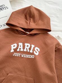 Sudadera con capucha, bolsillo, textura jacquard, rayas, gráfico vintage de París y estilo callejero para niñas preadolescentes - Marrón - Ver 7