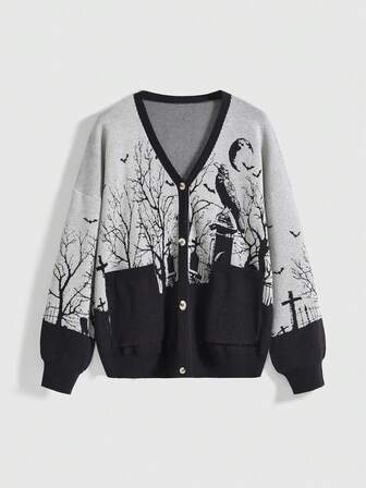 Goth Cardigan da donna oversize in stile gotico, collo alto, maniche a lanterna, motivo jacquard con corvi, luna e rami, colore nero