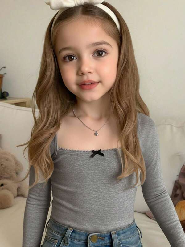 SHEIN Camiseta casual y elegante de manga larga y corta con cuello con volantes, lazo y ajuste para niña, de unicolor, estilo dulce y fresco, personalizada y linda, para el estilo escolar, temporada de regreso a clases