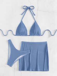 Bonvoyette Conjunto de bikini de cuello de halter de unicolor con falda tipo pareo, 3 piezas de verano para mujer