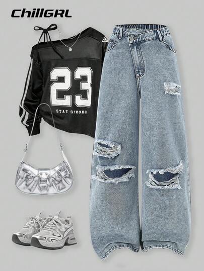 SHEIN Jeans für Teenager Mädchen, Y2K Collegestil, lässig weite Passform, abgenutzte Taille, bequeme Baumwolle, geeignet für Alltag, Schule, Partys, Schulanfang Se2025, neue Kollektion