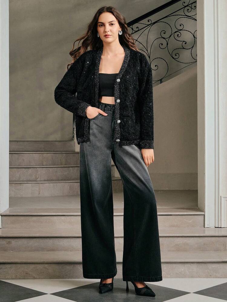 Women's Autumn/Winter Cardigan, Fashion Black 3D Floral High-End Knit Sweater