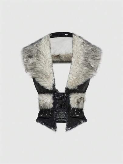 Hippie جاكيت جينز للنساء مع طوق فرو اصطناعي قابل للإزالة بطراز رجعي Y2K