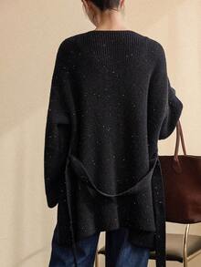 Dazy-Less 女士优雅开襟羊毛衫，休闲商务风，收腰设计，适合秋冬季节穿着，亮片装饰 - 黑色 - 查看 2