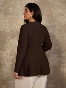 Roveilla V 领纯色宽松大码开衫毛衣，女士中长款针织上衣 - 咖啡棕 - 查看 2