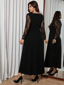 Modelyn 加大码黑色蕾丝长袖水钻装饰修身优雅连衣裙，适合外出约会 - 黑色 - 查看 2