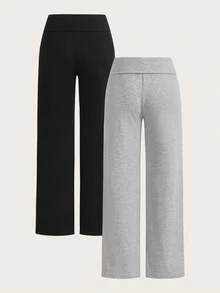 SHEIN EZwear 2 件套女式休闲高腰卷边阔腿直筒裤，黑色和灰色，23 种印花图案；适合所有季节，包括夏季、秋季和冬季；复古、可爱、柔和的女孩风格；非常适合居家、返校和秋季穿着；百搭、简约、时尚、舒适别致的女士运动装 - 彩色 - 查看 2