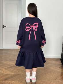 青少年女孩黑色拼布标语字母印花落肩抽绳腰长款连帽连衣裙 - 黑色 - 查看 3