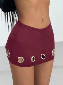 StreetHx Streetwear Women's Eyelet Hollow Out Decoration Lined Shorts, Low Waist Super Short Skirt, Autumn - Burgundy - View 4