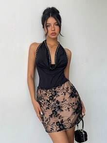 Aloruh Women's Deep Draped Neck Rivet Decor Sequin Embroidered Backless Fitted Mini Dress,Black Floral,Summer,Chic,Nightclub,Christmas Party,Graduation - Black - View 7