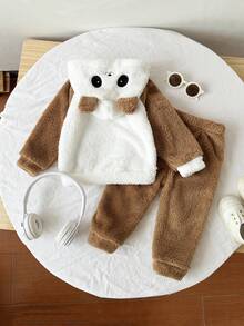 Souflis Souflis 2 件男婴熊猫毛绒连帽套装，温暖休闲熊猫连帽衫运动衫 + 毛绒裤子，秋冬 - 棕色 - 查看 2