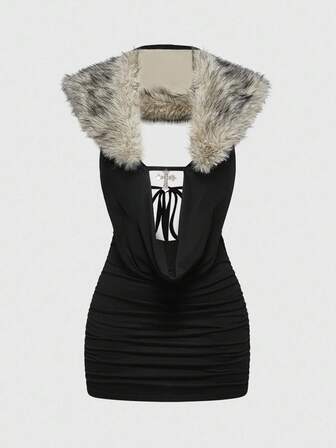 Grunge Punk Sexy Deep V Pendant Cross Halter Tie Waist Mini Dress For Women