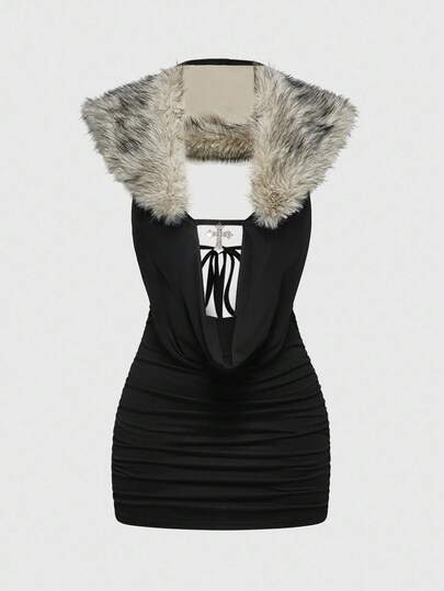 Grunge Punk Vestido mini con escote profundo en V, cuello de halter con colgante cruzado y cintura con lazo para mujeres